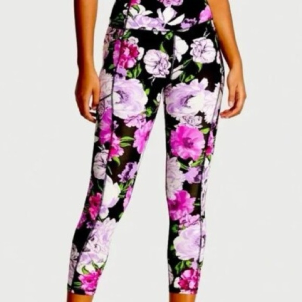 Victoria's Secret Black Leggings with Pink & Lavender Floral Print